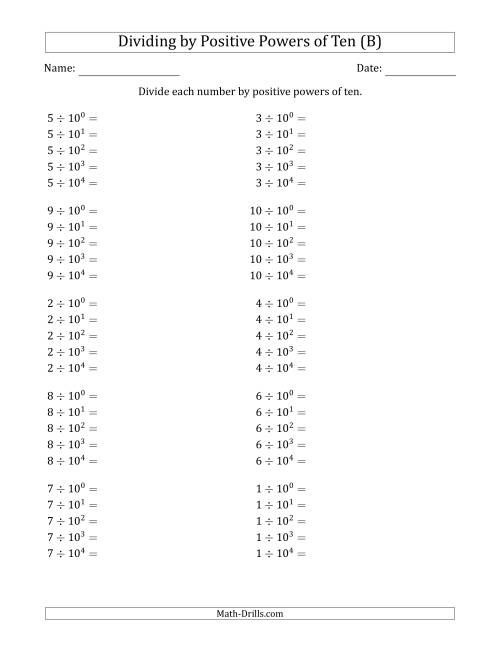 The Learning to Divide Numbers (Range 1 to 10) by Positive Powers of Ten in Exponent Form (B) Math Worksheet