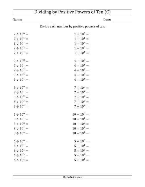 The Learning to Divide Numbers (Range 1 to 10) by Positive Powers of Ten in Exponent Form (C) Math Worksheet