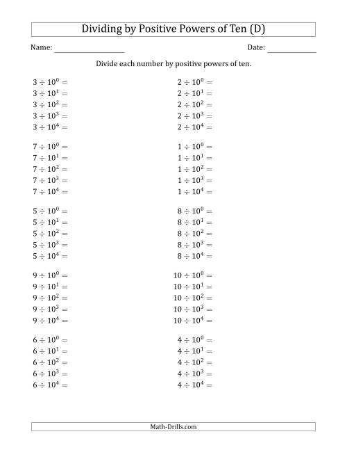 The Learning to Divide Numbers (Range 1 to 10) by Positive Powers of Ten in Exponent Form (D) Math Worksheet