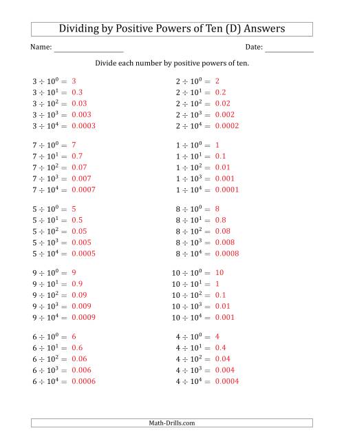 The Learning to Divide Numbers (Range 1 to 10) by Positive Powers of Ten in Exponent Form (D) Math Worksheet Page 2