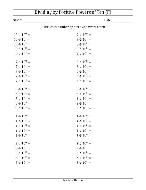 The Learning to Divide Numbers (Range 1 to 10) by Positive Powers of Ten in Exponent Form (F) Math Worksheet
