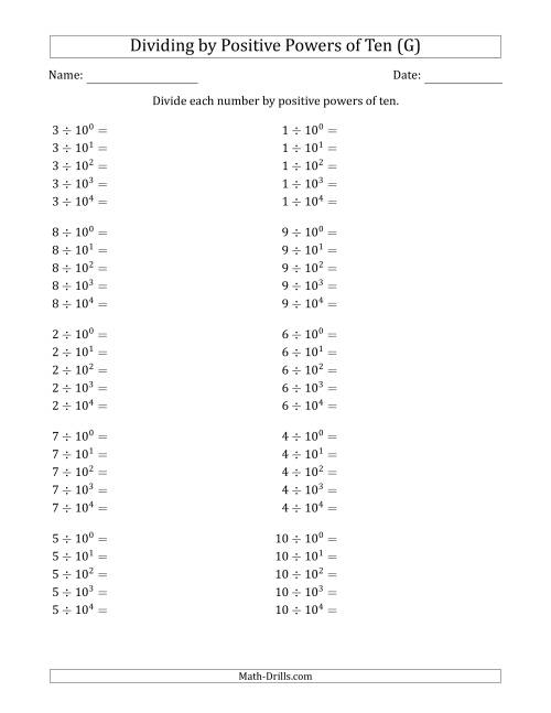 The Learning to Divide Numbers (Range 1 to 10) by Positive Powers of Ten in Exponent Form (G) Math Worksheet