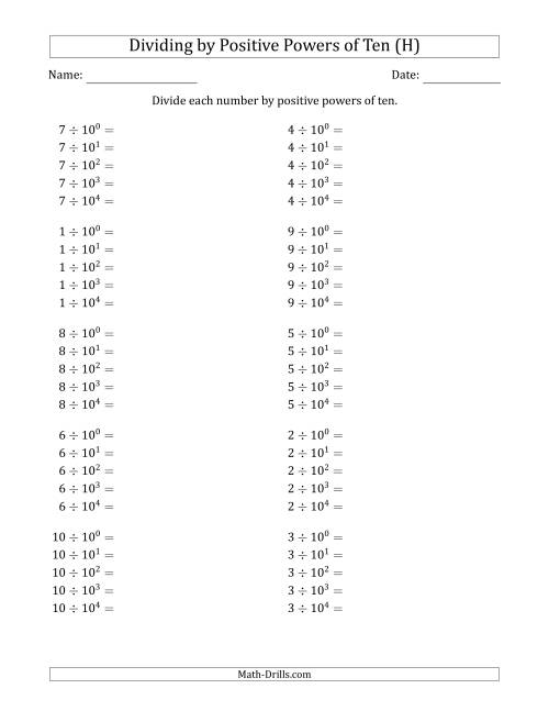 The Learning to Divide Numbers (Range 1 to 10) by Positive Powers of Ten in Exponent Form (H) Math Worksheet