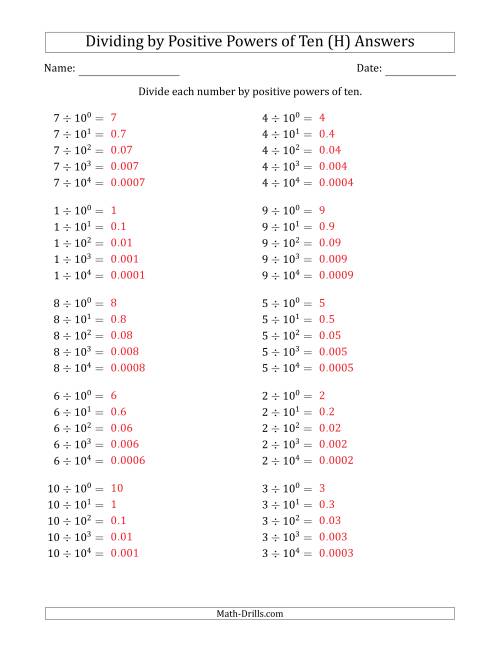 The Learning to Divide Numbers (Range 1 to 10) by Positive Powers of Ten in Exponent Form (H) Math Worksheet Page 2