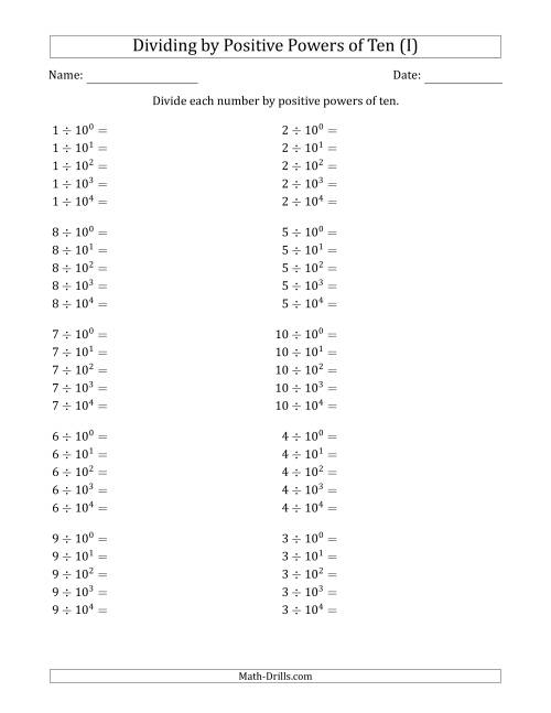 The Learning to Divide Numbers (Range 1 to 10) by Positive Powers of Ten in Exponent Form (I) Math Worksheet