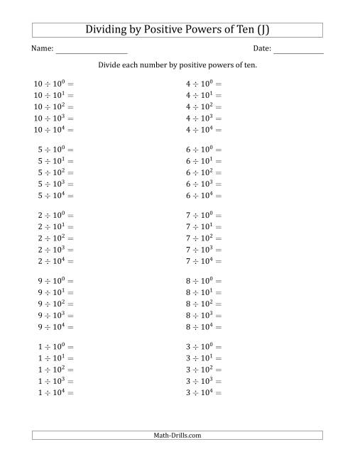 The Learning to Divide Numbers (Range 1 to 10) by Positive Powers of Ten in Exponent Form (J) Math Worksheet