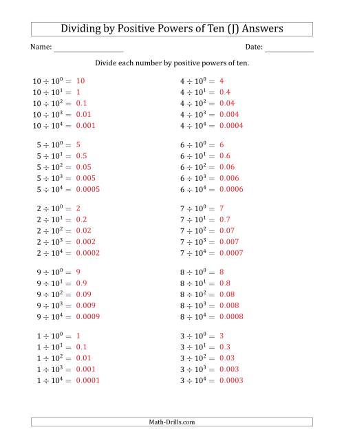 The Learning to Divide Numbers (Range 1 to 10) by Positive Powers of Ten in Exponent Form (J) Math Worksheet Page 2