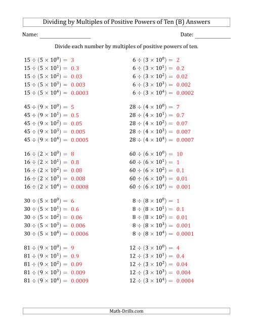 The Learning to Divide Numbers (Quotients Range 1 to 10) by Multiples of Positive Powers of Ten in Exponent Form (B) Math Worksheet Page 2