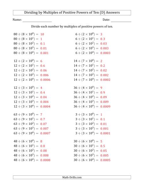 The Learning to Divide Numbers (Quotients Range 1 to 10) by Multiples of Positive Powers of Ten in Exponent Form (D) Math Worksheet Page 2