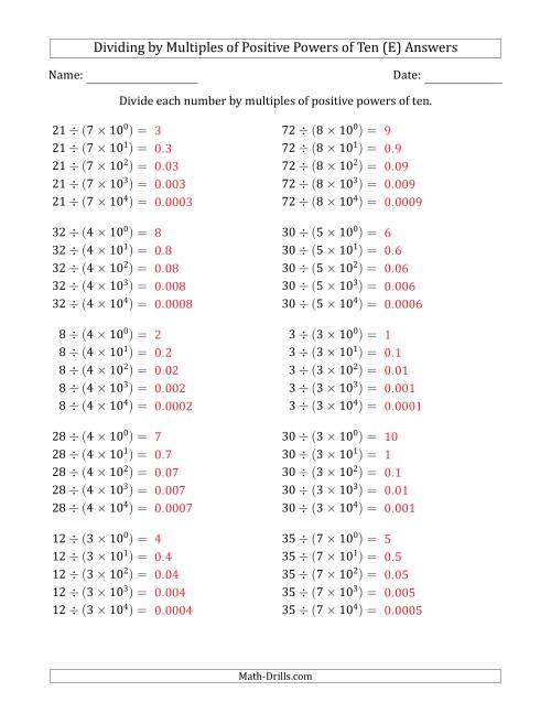 The Learning to Divide Numbers (Quotients Range 1 to 10) by Multiples of Positive Powers of Ten in Exponent Form (E) Math Worksheet Page 2