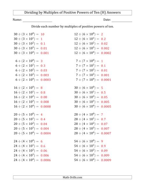 The Learning to Divide Numbers (Quotients Range 1 to 10) by Multiples of Positive Powers of Ten in Exponent Form (H) Math Worksheet Page 2