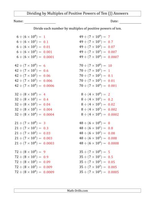 The Learning to Divide Numbers (Quotients Range 1 to 10) by Multiples of Positive Powers of Ten in Exponent Form (J) Math Worksheet Page 2
