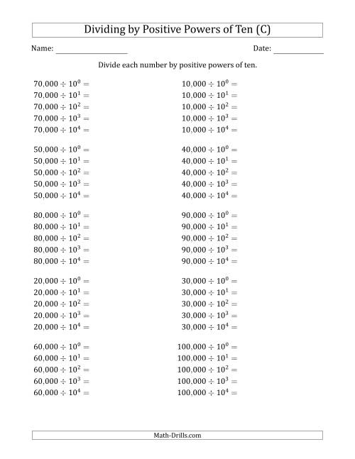 The Learning to Divide Numbers (Range 1 to 10) by Positive Powers of Ten in Exponent Form (Whole Number Answers) (C) Math Worksheet