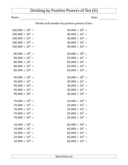 The Learning to Divide Numbers (Range 1 to 10) by Positive Powers of Ten in Exponent Form (Whole Number Answers) (G) Math Worksheet