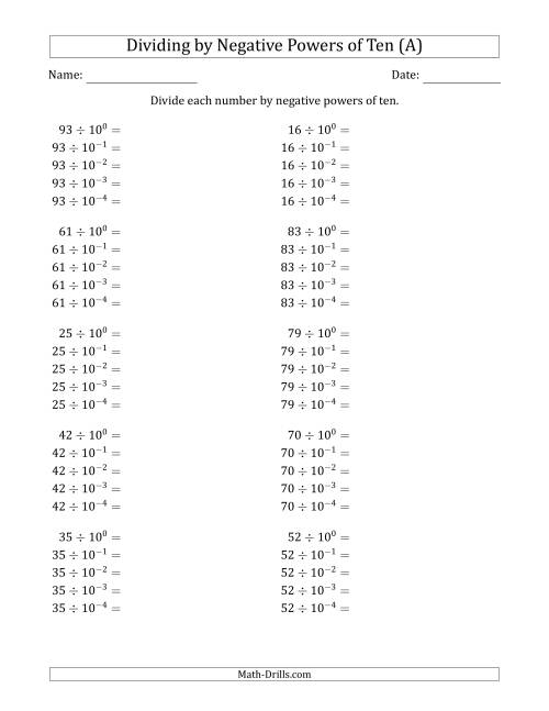 The Learning to Divide Numbers (Range 10 to 99) by Negative Powers of Ten in Exponent Form (A) Math Worksheet