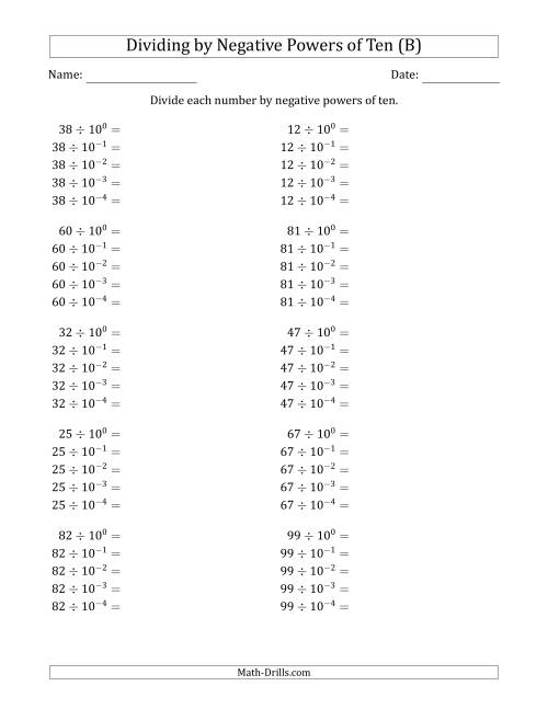 The Learning to Divide Numbers (Range 10 to 99) by Negative Powers of Ten in Exponent Form (B) Math Worksheet