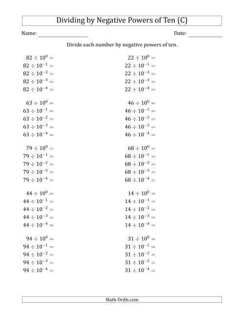 The Learning to Divide Numbers (Range 10 to 99) by Negative Powers of Ten in Exponent Form (C) Math Worksheet