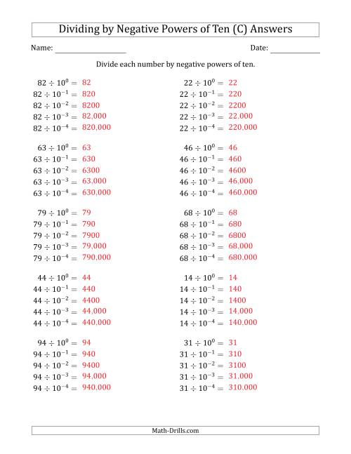 The Learning to Divide Numbers (Range 10 to 99) by Negative Powers of Ten in Exponent Form (C) Math Worksheet Page 2