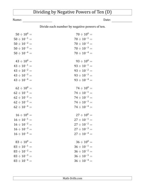 The Learning to Divide Numbers (Range 10 to 99) by Negative Powers of Ten in Exponent Form (D) Math Worksheet