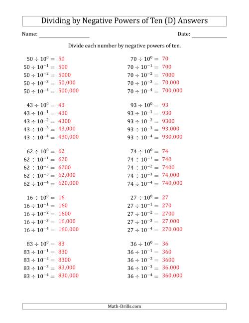 The Learning to Divide Numbers (Range 10 to 99) by Negative Powers of Ten in Exponent Form (D) Math Worksheet Page 2