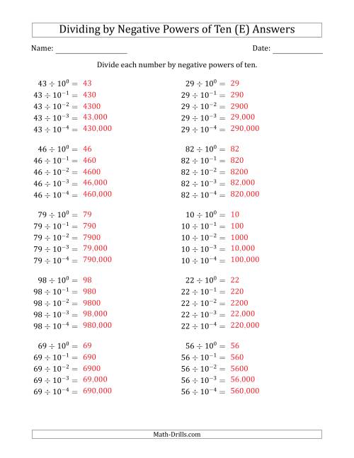 The Learning to Divide Numbers (Range 10 to 99) by Negative Powers of Ten in Exponent Form (E) Math Worksheet Page 2
