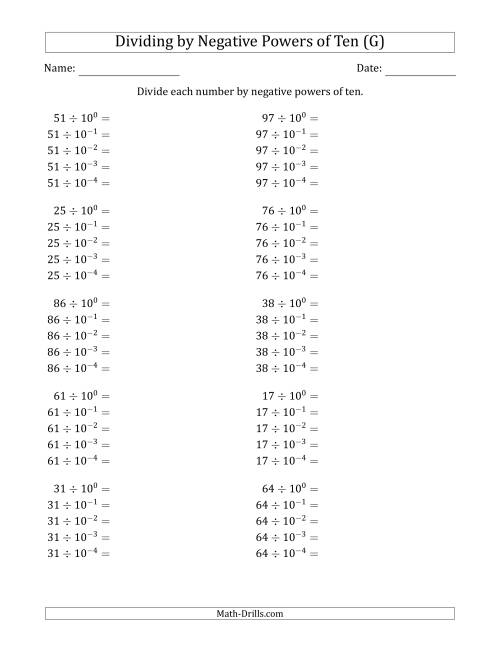 The Learning to Divide Numbers (Range 10 to 99) by Negative Powers of Ten in Exponent Form (G) Math Worksheet