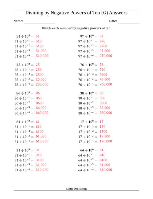 The Learning to Divide Numbers (Range 10 to 99) by Negative Powers of Ten in Exponent Form (G) Math Worksheet Page 2