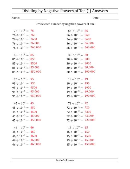 The Learning to Divide Numbers (Range 10 to 99) by Negative Powers of Ten in Exponent Form (I) Math Worksheet Page 2