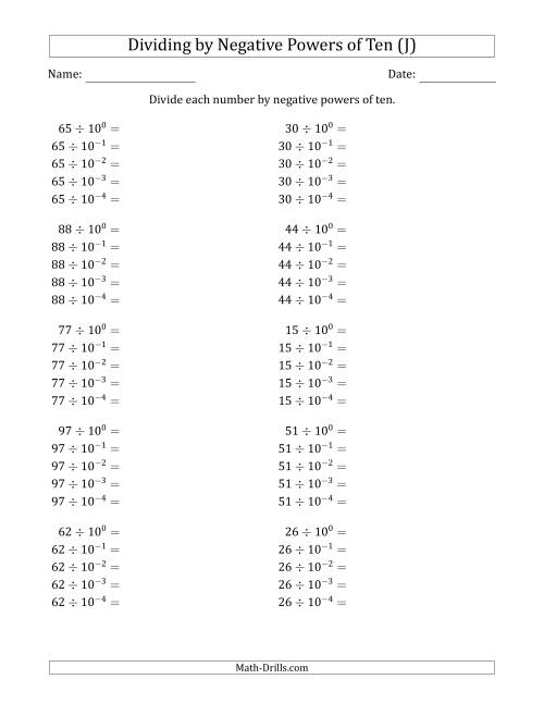 The Learning to Divide Numbers (Range 10 to 99) by Negative Powers of Ten in Exponent Form (J) Math Worksheet