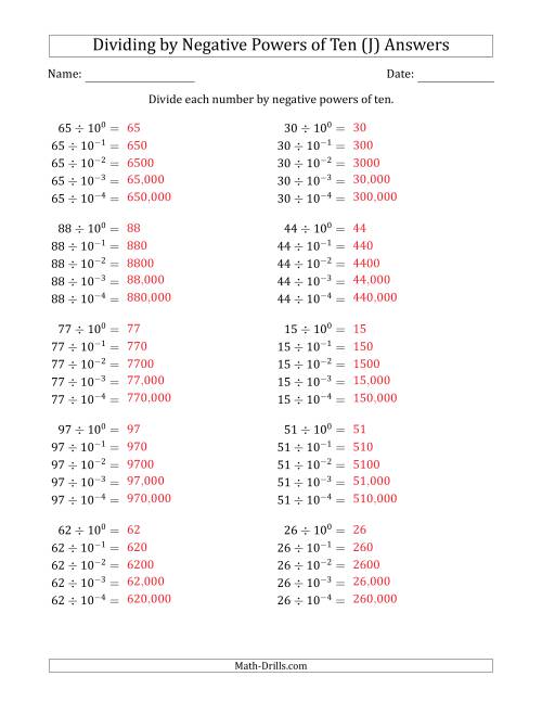 The Learning to Divide Numbers (Range 10 to 99) by Negative Powers of Ten in Exponent Form (J) Math Worksheet Page 2