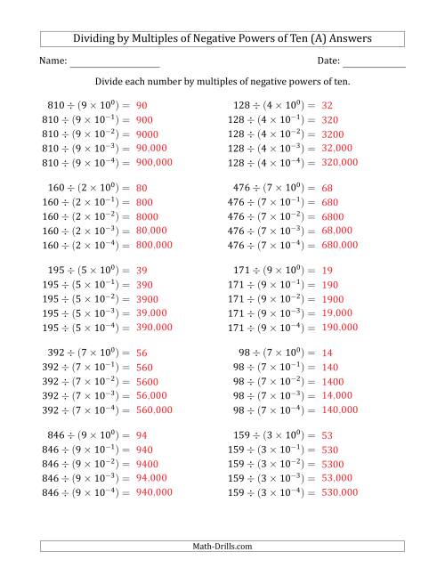 The Learning to Divide Numbers (Quotients Range 10 to 99) by Multiples of Negative Powers of Ten in Exponent Form (A) Math Worksheet Page 2
