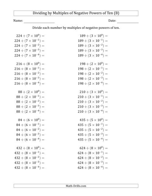 The Learning to Divide Numbers (Quotients Range 10 to 99) by Multiples of Negative Powers of Ten in Exponent Form (B) Math Worksheet
