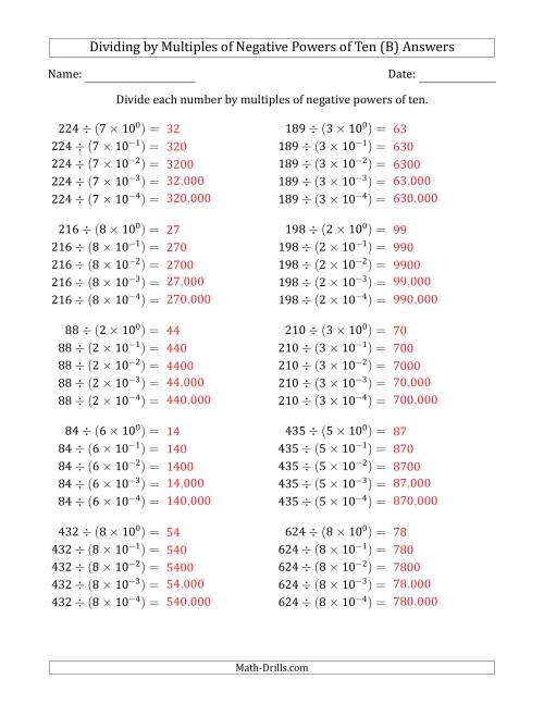 The Learning to Divide Numbers (Quotients Range 10 to 99) by Multiples of Negative Powers of Ten in Exponent Form (B) Math Worksheet Page 2