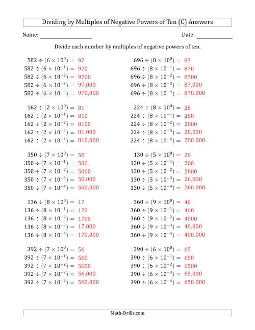 The Learning to Divide Numbers (Quotients Range 10 to 99) by Multiples of Negative Powers of Ten in Exponent Form (C) Math Worksheet Page 2