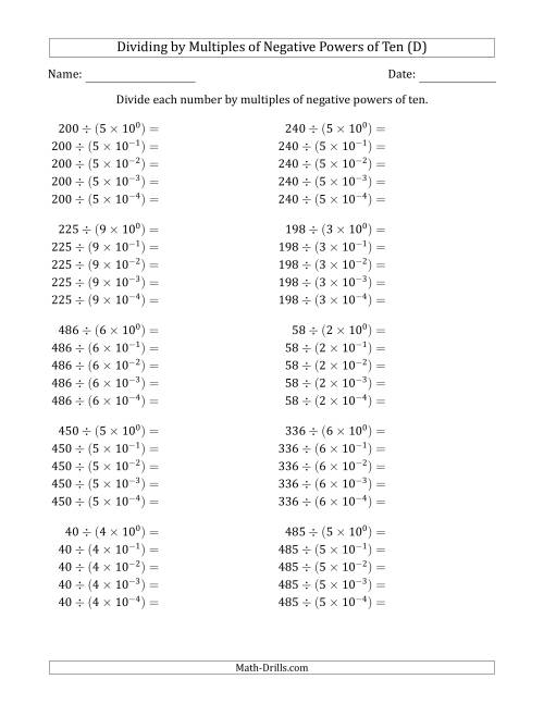 The Learning to Divide Numbers (Quotients Range 10 to 99) by Multiples of Negative Powers of Ten in Exponent Form (D) Math Worksheet