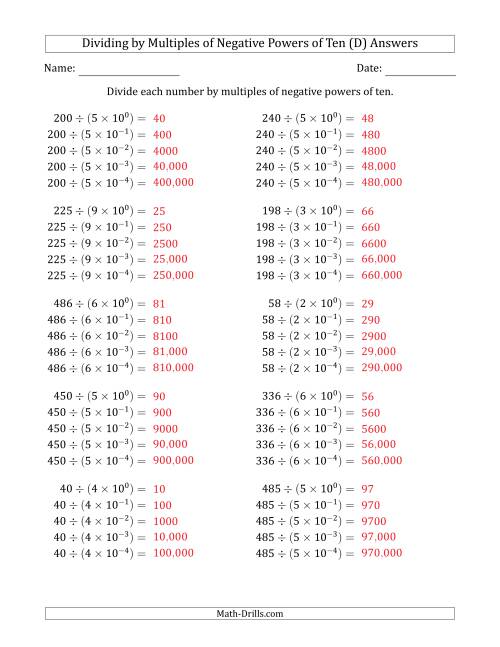 The Learning to Divide Numbers (Quotients Range 10 to 99) by Multiples of Negative Powers of Ten in Exponent Form (D) Math Worksheet Page 2