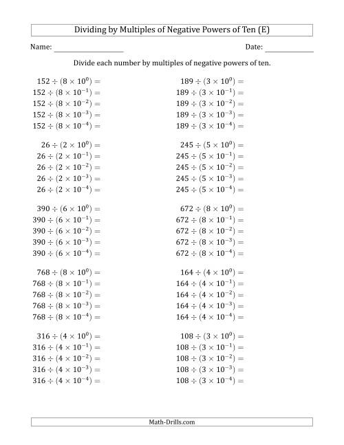 The Learning to Divide Numbers (Quotients Range 10 to 99) by Multiples of Negative Powers of Ten in Exponent Form (E) Math Worksheet