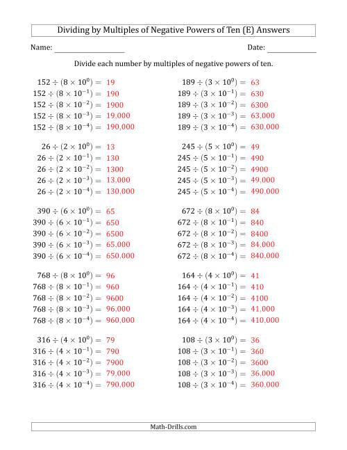 The Learning to Divide Numbers (Quotients Range 10 to 99) by Multiples of Negative Powers of Ten in Exponent Form (E) Math Worksheet Page 2