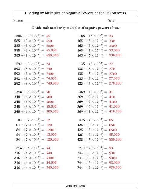 The Learning to Divide Numbers (Quotients Range 10 to 99) by Multiples of Negative Powers of Ten in Exponent Form (F) Math Worksheet Page 2