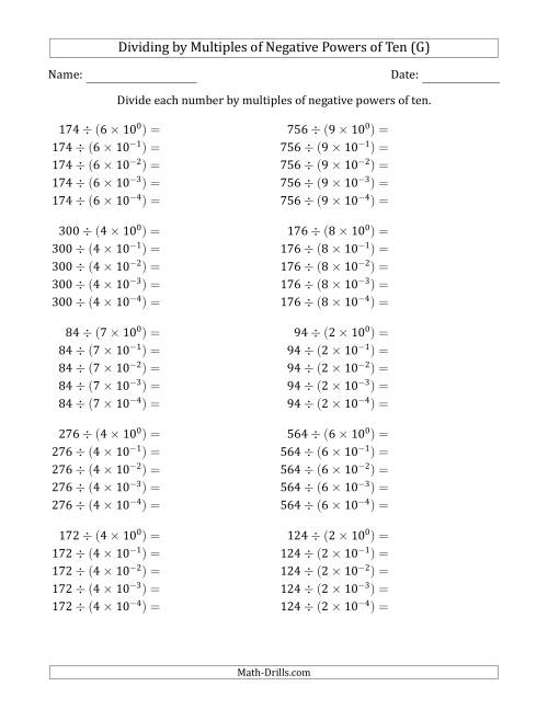 The Learning to Divide Numbers (Quotients Range 10 to 99) by Multiples of Negative Powers of Ten in Exponent Form (G) Math Worksheet