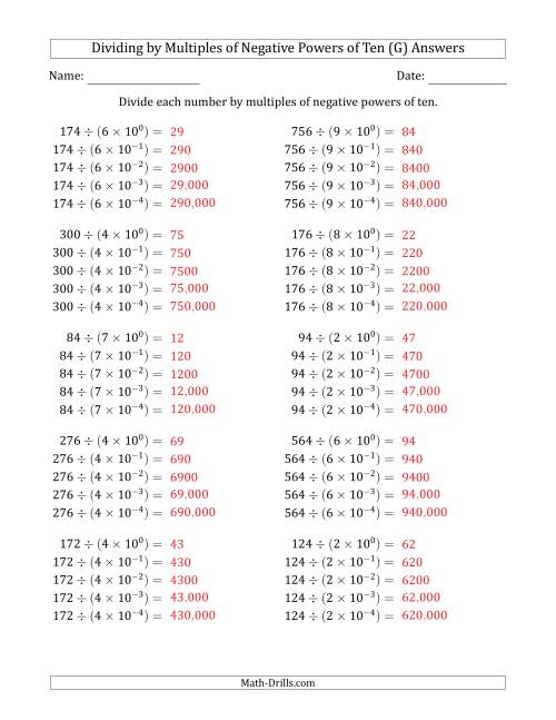 The Learning to Divide Numbers (Quotients Range 10 to 99) by Multiples of Negative Powers of Ten in Exponent Form (G) Math Worksheet Page 2