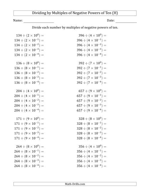 The Learning to Divide Numbers (Quotients Range 10 to 99) by Multiples of Negative Powers of Ten in Exponent Form (H) Math Worksheet