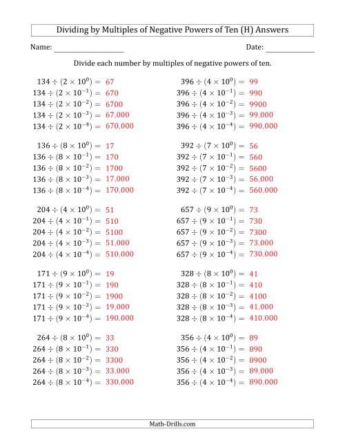 The Learning to Divide Numbers (Quotients Range 10 to 99) by Multiples of Negative Powers of Ten in Exponent Form (H) Math Worksheet Page 2
