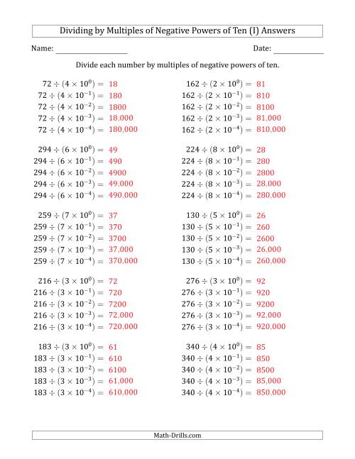 The Learning to Divide Numbers (Quotients Range 10 to 99) by Multiples of Negative Powers of Ten in Exponent Form (I) Math Worksheet Page 2