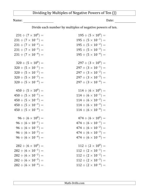 The Learning to Divide Numbers (Quotients Range 10 to 99) by Multiples of Negative Powers of Ten in Exponent Form (J) Math Worksheet