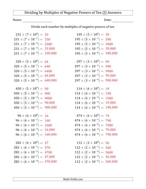 The Learning to Divide Numbers (Quotients Range 10 to 99) by Multiples of Negative Powers of Ten in Exponent Form (J) Math Worksheet Page 2