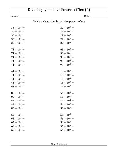 The Learning to Divide Numbers (Range 10 to 99) by Positive Powers of Ten in Exponent Form (C) Math Worksheet