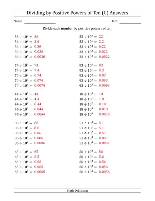 The Learning to Divide Numbers (Range 10 to 99) by Positive Powers of Ten in Exponent Form (C) Math Worksheet Page 2