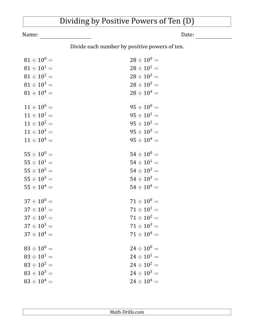 The Learning to Divide Numbers (Range 10 to 99) by Positive Powers of Ten in Exponent Form (D) Math Worksheet