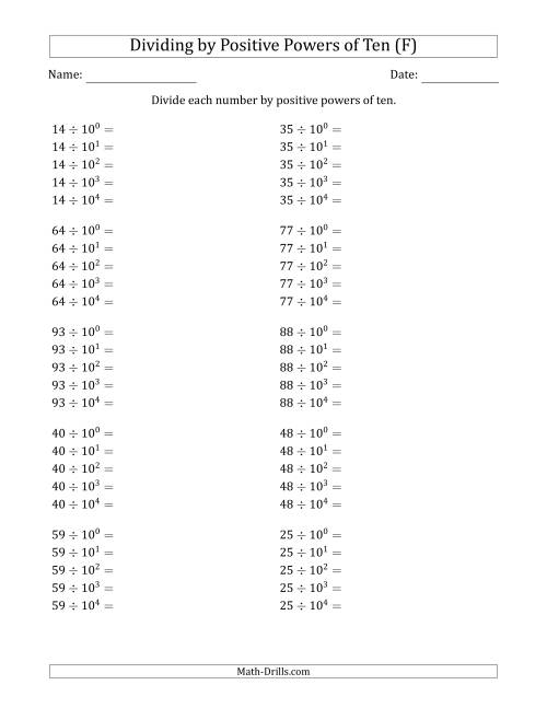 The Learning to Divide Numbers (Range 10 to 99) by Positive Powers of Ten in Exponent Form (F) Math Worksheet